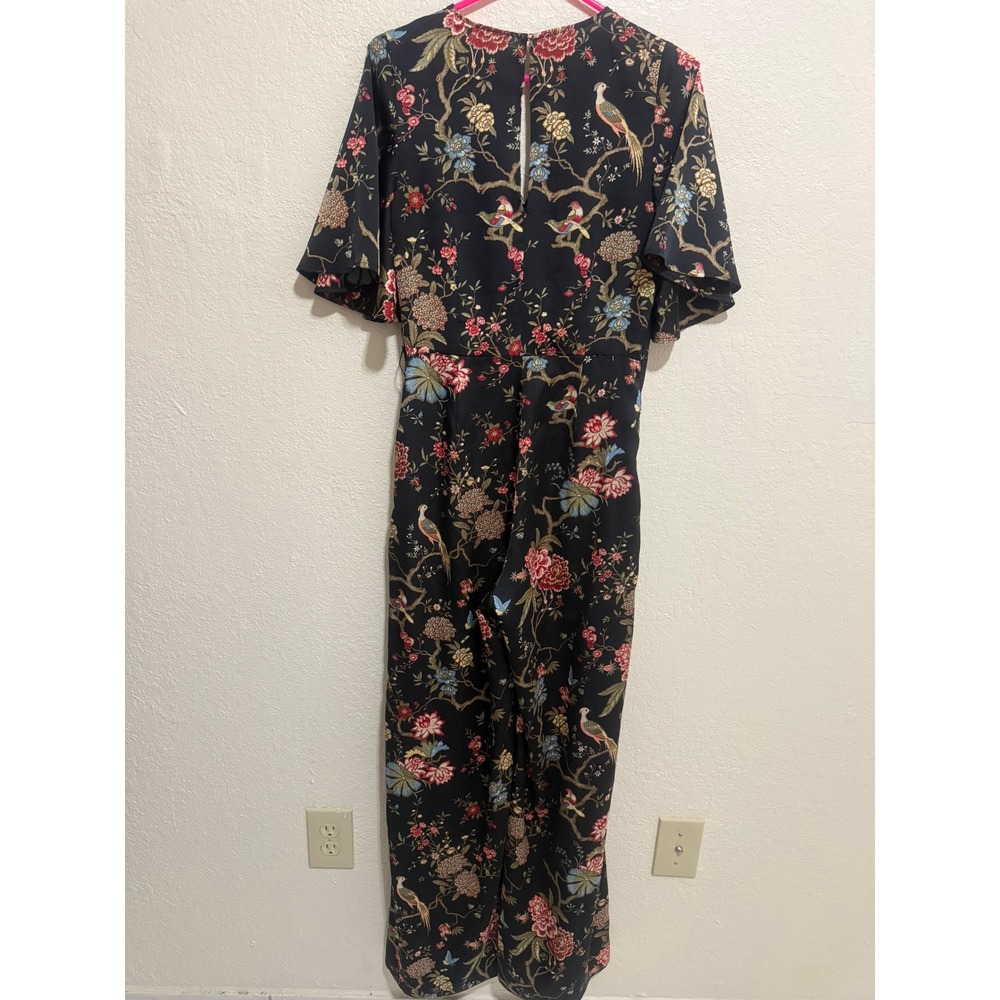 H&M Floral Bird Print Wide Leg Jumpsuit Black Flutter Sleeve V-Neck Size 8 - Picture 9 of 16